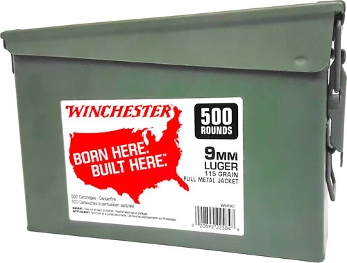 WINCHESTER 9MM LUGER 115GR FMJ - RN CASE OF (2) 500RD AMMO CANS - Winchester