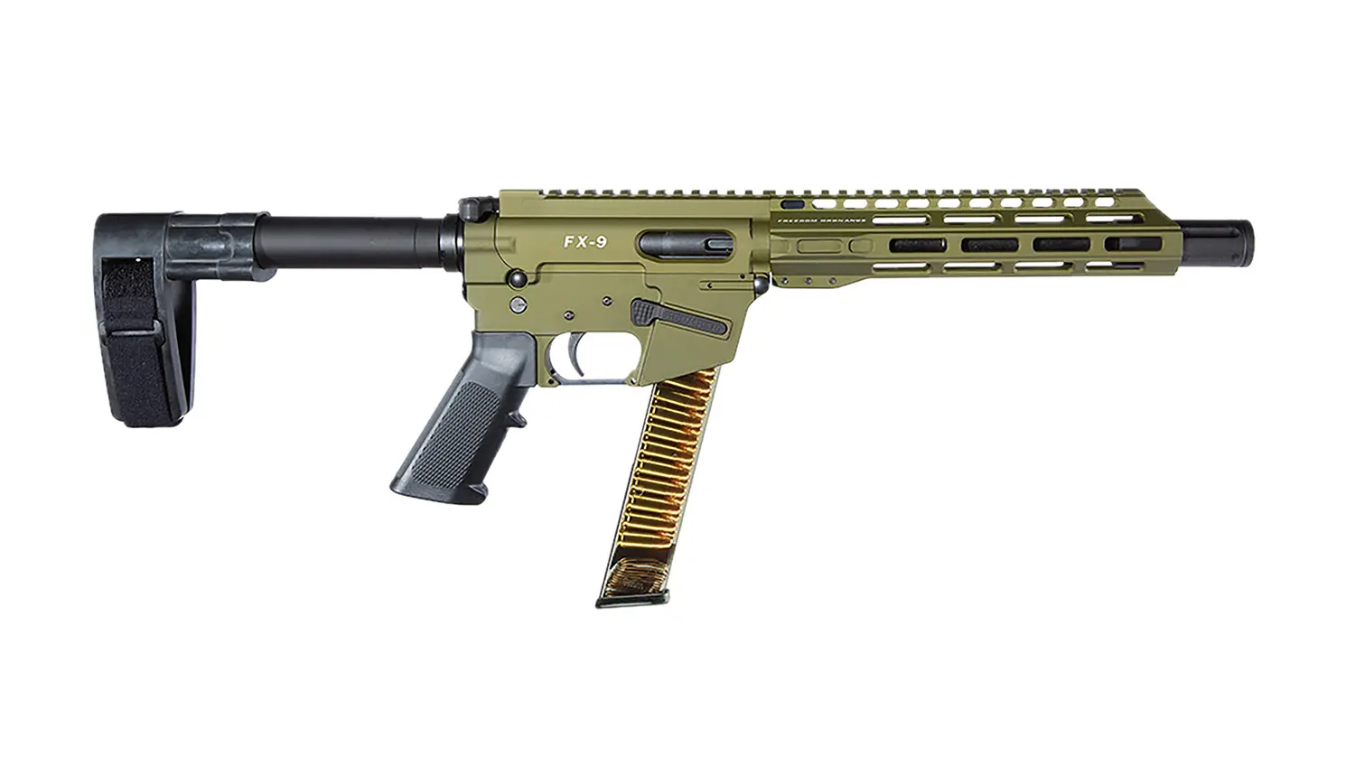 FREEDOM ORDNANCE FX9P10SBM-ODG FX9  9mm Luger 32+1 10" Black Nitride Barrel, M-LOK Handguard, OD Green Aluminum Receiver w/Picatinny Rail, OD Green Polymer SB Mini Brace, Black AR15 Grip - Freedom Ordnance