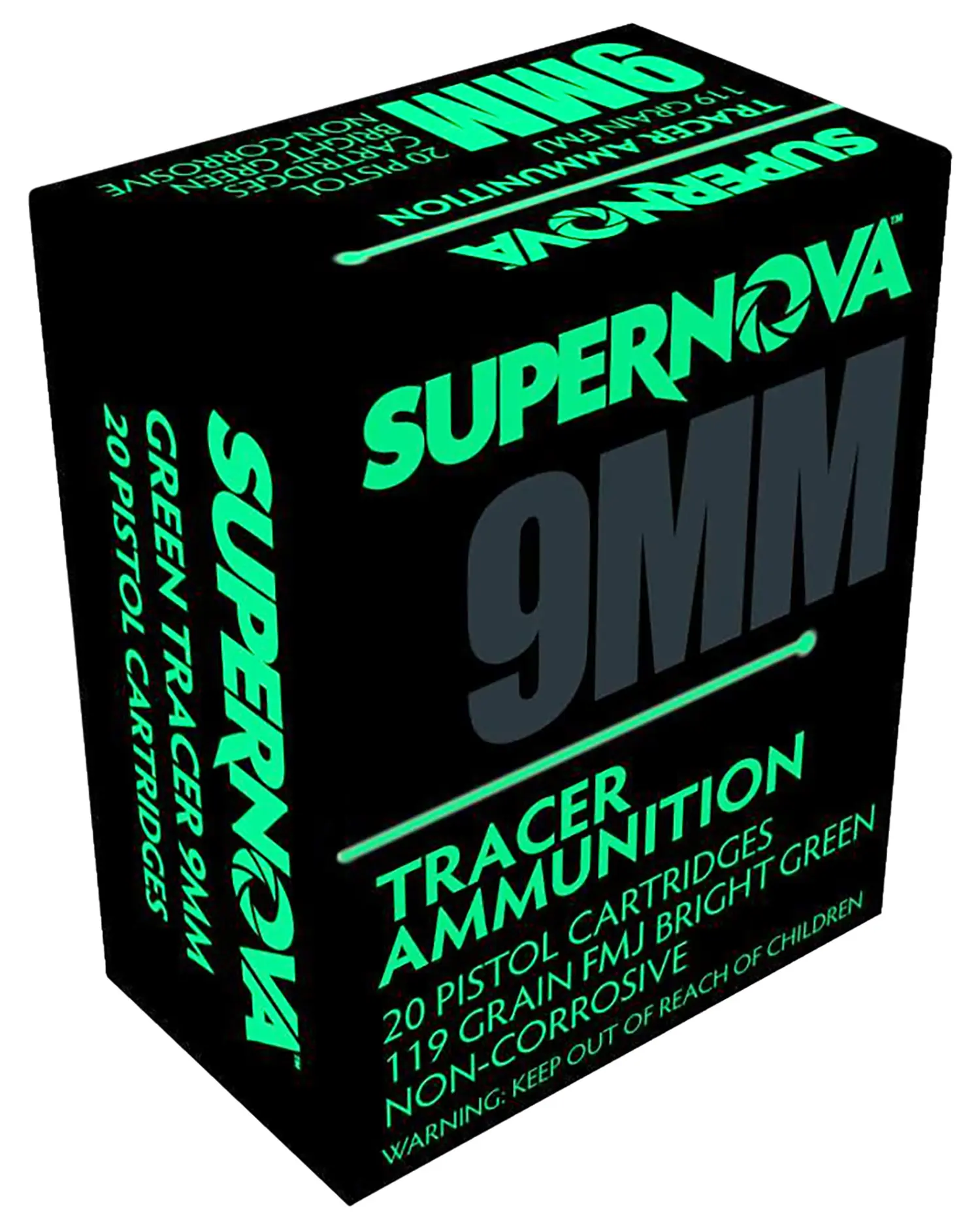Supernova PMSN9MMG Green Tracer Non Corrosive 9mm Luger 119 Gr Full Metal Jacket 20 Per Box/ 50 Cs