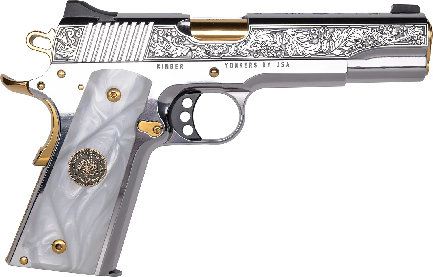 Cnc Firearms CNCPATRIA Kimber 1911 Patria 38 Super 9+1 Gold Plated PVD Barrel, Polished Stainless Steel Engraved/Serrated Slide, Stainless w/Gold Accents Frame, Pearl Grip - CNC Firearms