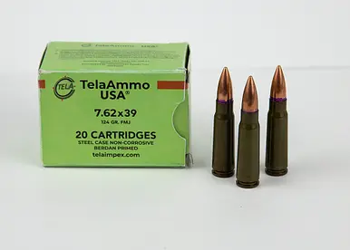 TelaAmmo 7.62x39mm Ammunition TELA76239124 124 Grain Steel Cased Full Metal Jacket 20 Rounds - TelaAmmo
