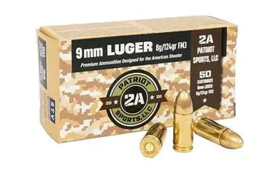 2A Patriot Sports 9mm Luger Ammunition P9MM124FMJ 124 Grain Full Metal Jacket 50 Rounds - Patriot Sports