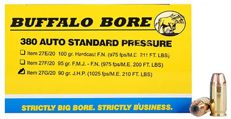 Buffalo Bore Ammunition 27G20 Standard Pressure Strictly Business 380ACP 90gr Jacket Hollow Point 20 Per Box/12 Case