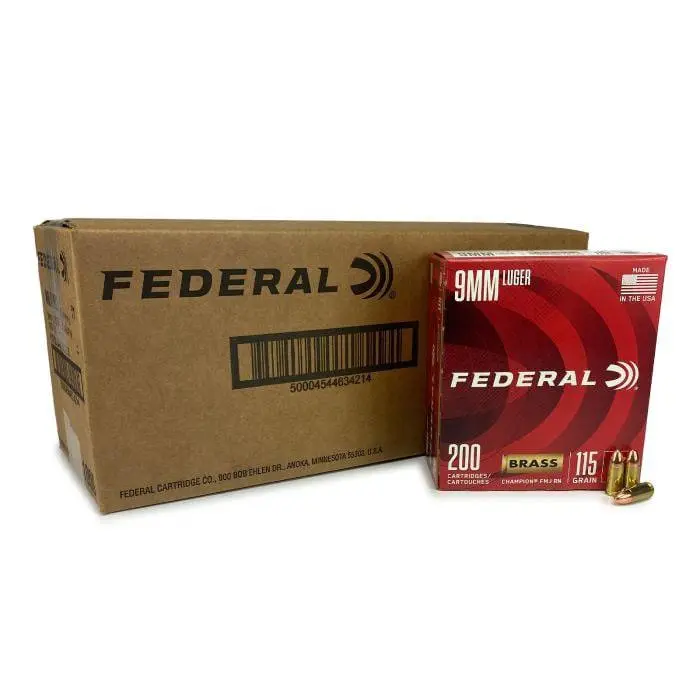 Federal Champion Handgun Ammunition 9mm Luger 115 gr FMJ 1125 fps 1000/ct Case(5-200/ct) - Federal Premium
