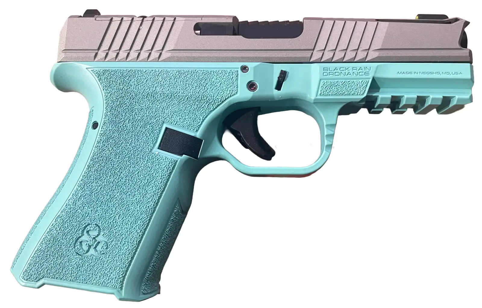 BLACK RAIN FRONTLINE+ HGA 9MM 4IN BBL 15RD TIFFANY BLUE/STAINLESS SLIDE - Black Rain Ordnance